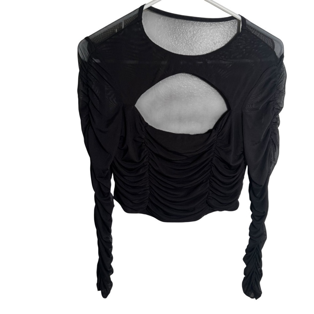 Women's Ruched Cut Out Top Blouse Long Sleeve Black Cropped Sheer Mesh
